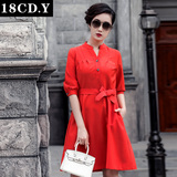 18cdy 2016春装新款欧洲站欧美时尚时尚短袖V领系带红色连衣裙女