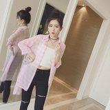 2016夏季新款韩版微透视粉色格子衬衫女雪纺上衣中长款薄款外套潮