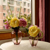 美式田园现代样板房客餐厅桌面摆件紫色玻璃花瓶仿真假花花艺套装
