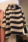 韩国代购2016春装韩版学生黑白条纹卫衣女中长款连帽套头卫衣裙潮