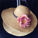 牡丹花朵拉菲草帽大檐帽 韩版夏季森女可折叠渡假草帽遮阳沙滩帽