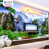 中式流水生财迎客松瀑布电视沙发瓷砖背景墙山水风景陶瓷瓷砖壁画