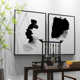 新中式现代简约装饰画客厅书房挂画水墨黑白随意两联壁画泼墨艺术