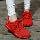 夏季男女椰子鞋飞织网布透气运动跑步情侣厚底爆米花大红色板鞋