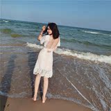 韩国性感包臀露背沙滩裙优雅气质鱼尾裙海边度假蕾丝连衣裙修身款