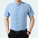 新款夏季中年男短袖格子衬衫立领薄款男装商务休闲亚麻衬衣大码