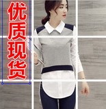 2016春装新款衬衫女娃娃领拼接上衣修身显瘦衬衣假两件韩版女衬衣