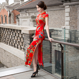 2016新款重磅真丝桑蚕丝红色新娘旗袍古典气质复古双层长款敬酒服