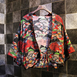 原创自制 夏和风开衫棉麻文艺印花日系宽松短款蝙蝠袖和服外套