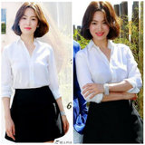 韩国明星同款长袖衬衫白色春季韩版女修身显瘦套装V领打底衬衣