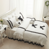 韩式纯色 全棉四件套 纯棉白色蝴蝶结蕾丝四件套 床上用品