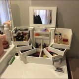 超大号韩国抽屉式化妆品收纳盒带镜带盖90度旋转实木制化妆柜箱子