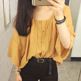 超值韩国代购正品女装秋装新 洋气姜黄色 可爱镂空娃娃款宽松衬衫