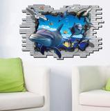墙贴批发破墙海底世界海豚3D立体墙面装饰沙发卧室背景墙整张贴纸