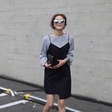 韩国 复古可爱性感V领不规则吊带连衣裙+气质条纹衬衫时尚2件套装