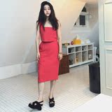 韩国 chic复古AA露脐棉麻抹胸背心+开叉高腰包臀半身裙时尚两件套