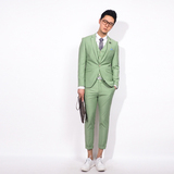川泽定制 英伦复古时尚嫩绿色男士修身西装三件套 韩版西服套装