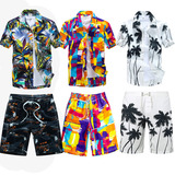 夏威夷沙滩衬衣情侣宽松肥大沙滩花衬衫套装男士短袖海边衬衣套装