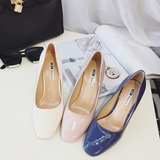 增高7-8厘米小高跟粗跟纯白色单鞋漆皮鞋新娘鞋粉色套脚鞋 伴娘鞋