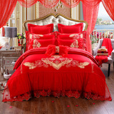 全棉刺绣花婚庆礼品2.0m四件套大红结婚十多九件套床单式纯盖款