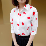 小窝家韩国代购现货衬衫女夏季超薄红唇气质七分袖上衣泡泡袖KB20