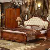 欧式双人床美式床全实木真皮1.5米1.8米田园床复古简约高箱床深色