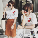 韩国代购2016夏装玫瑰刺绣短袖T恤两件套小香风包臀半身裙套装潮