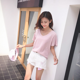 2016夏季新款韩版纯色V领短袖T恤女打底衫宽松显瘦套头上衣R6303