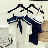 包邮2016夏季韩版海军学院风领结一字领露肩吊带显瘦短袖上衣衬衫
