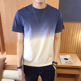 2016夏季新款渐变色T恤男装韩版修身潮流圆领短袖T恤男撞色半截袖