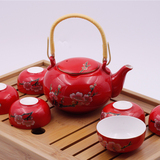 唐山正品骨瓷茶壶茶杯纯手工手注浆整套红釉骨质瓷功夫茶具茶杯
