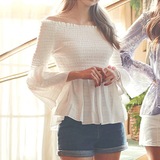 A2653 韩国秋季新款修身性感一字肩收腰可爱褶皱喇叭袖衬衣衬衫女