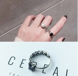 日韩S925纯银复古烤漆工艺纯银开口戒指不对称链条黑玛瑙戒指女