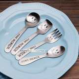 韩国进口儿童勺子筷子叉子可爱饭勺宝宝餐具18-10不锈钢笑脸系列