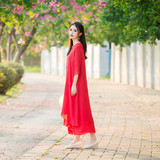 中国风民族风复古度假旅行文艺棉麻连衣裙大红色长袍宽松长裙汉服