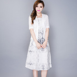 中年夏季新款大码女装韩版夏装两件套棉麻连衣裙短袖妈妈套装裙子