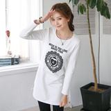 开叉T恤秋季韩版学生女t恤长袖中长款印花上衣白色修身打底衫纯棉