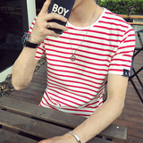 夏季短袖T恤男士圆领条纹韩版修身半袖体恤纯棉青年衣服男装潮流