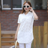 夏季新女装白色花边短袖衬衣时尚修身百搭中长款高档纯棉正装上衣