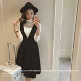 韩国代购2016春季新款中长款黑色a字背带裙毛呢连衣裙两件套装女