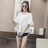 韩国东大门白色甜美娃娃衫短袖宽松显瘦喇叭袖上衣女夏季短款