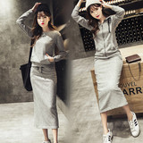 韩国代购春秋新款拉链卫衣长裙两件套灰色休闲时尚套装女修身套裙
