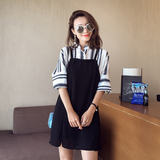 2016夏季新款韩国气质短裙子假两件竖纹衬衫吊带拼接连衣裙Q7453