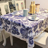 加厚亚麻青花瓷包邮餐桌布桌旗茶几布台布蓝色地中海明清中国风