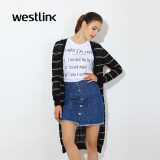 Westlink西遇2016春季新款 中长款横条纹字母针织开衫薄款女外套