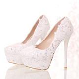 新款白色蕾丝花朵新娘鞋圆头浅口亮片婚鞋细跟女单鞋超高跟礼服鞋