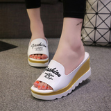 夏季2016韩版新款松糕底拖鞋女休闲坡跟凉鞋高跟厚底一字凉拖女鞋