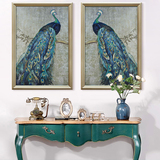 美式乡村现代客厅装饰画北欧玄关壁挂画手绘欧式油画竖版画蓝孔雀