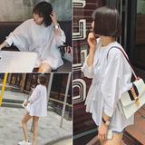 2016夏季新款韩版纯色中长款娃娃衫上衣女宽松显瘦蝙蝠七分袖衬衫