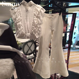 泰国潮牌女夏装2016荷叶边新款蕾丝上衣时尚名媛喇叭裤两件套套装